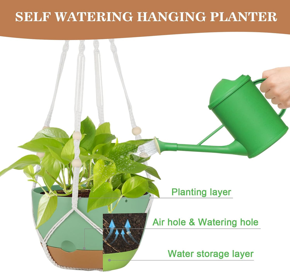 3 Pack Hanging Planter for Indoor Plants, 10inch Self-Watering Hanging Plant Pot, Macrame Plant Hanger with Pot, Chain, S & Ceiling Hooks, Removable Saucer and Drainage Holes for Garden Home - Green