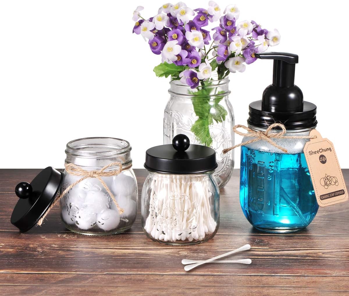 SheeChung Small Glass Mason Jar Qtip Holder with Black Stainless Steel Lid