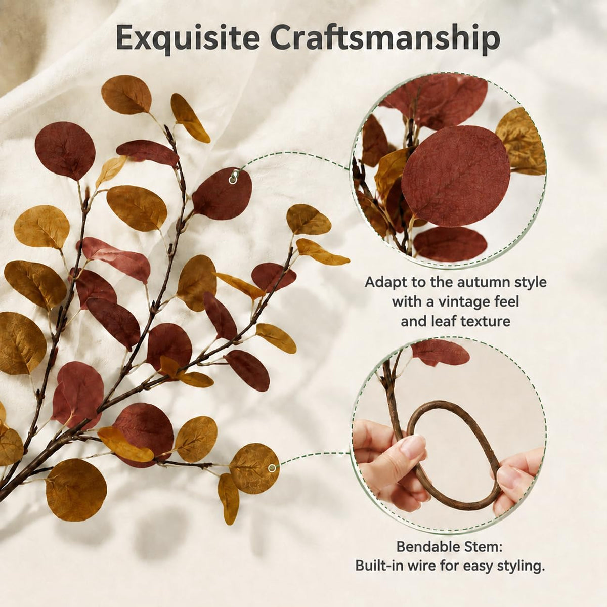 6pcs Eucalyptus Stems Fake Brown Orange Fall Leaves Artificial Silk Flowers Autumn Decor Bouquet Faux Branches Centerpiece Flores Plants for Home Party Decor Wedding Decoration