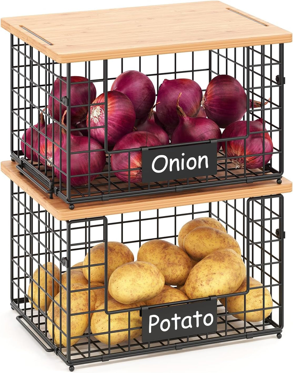 2-Pack Stackable Wire Baskets with 2 Pads & Bamboo Top, Pantry Organizer