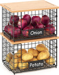 2-Pack Stackable Wire Baskets with 2 Pads & Bamboo Top, Pantry Organizer