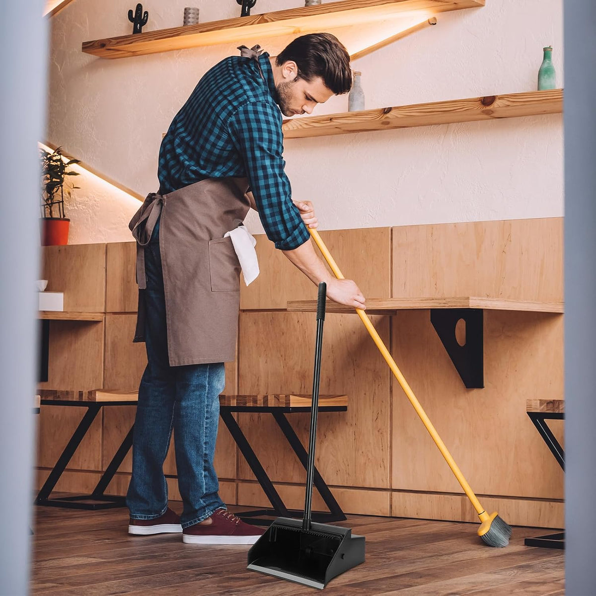 Leumoi 8 Pcs Dust Pans with Long Handle with Comb Stand up Dustpan,Black