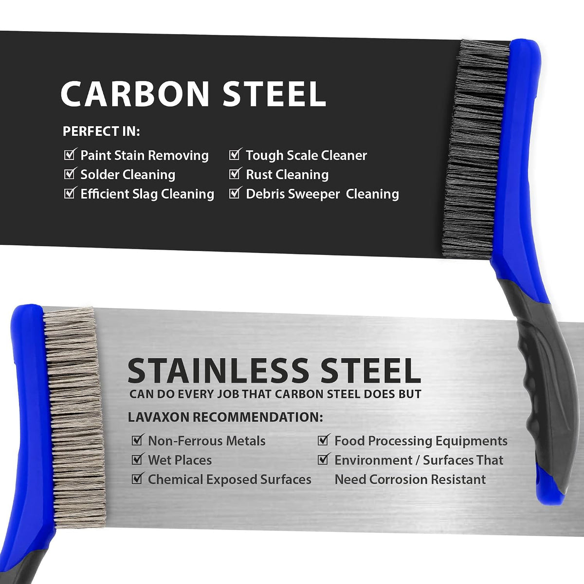 Lavaxon Wire Brush Set-Heavy Duty Stainless & Carbon Steel Bristles with Plastic Handle Grip for Rust, Wielding Slag, Dirt & Paint Scrubbing with Deep Cleaning – 10 Inches (Pack of 2-Blue)