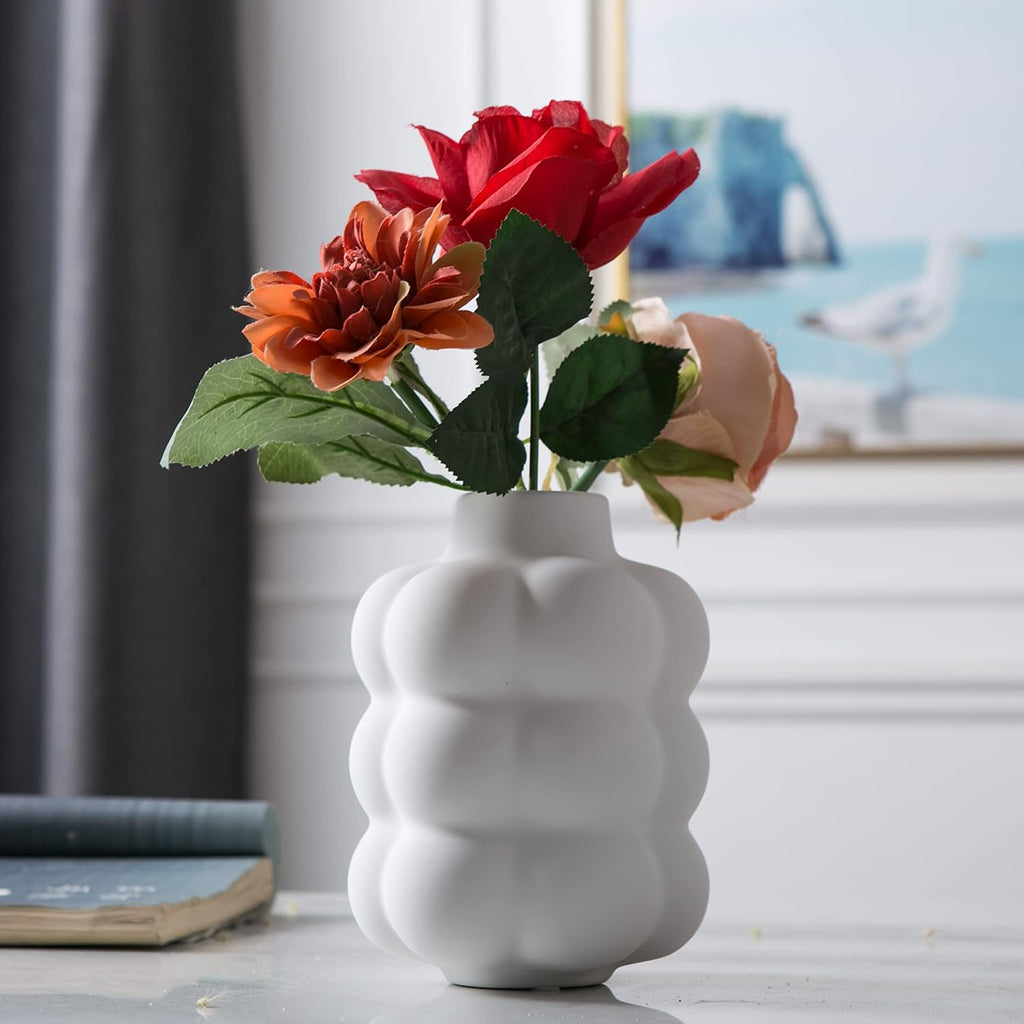 Mowtanco White Ceramic Vase, Modern Small Vase for Centerpiece 6.7" Tall
