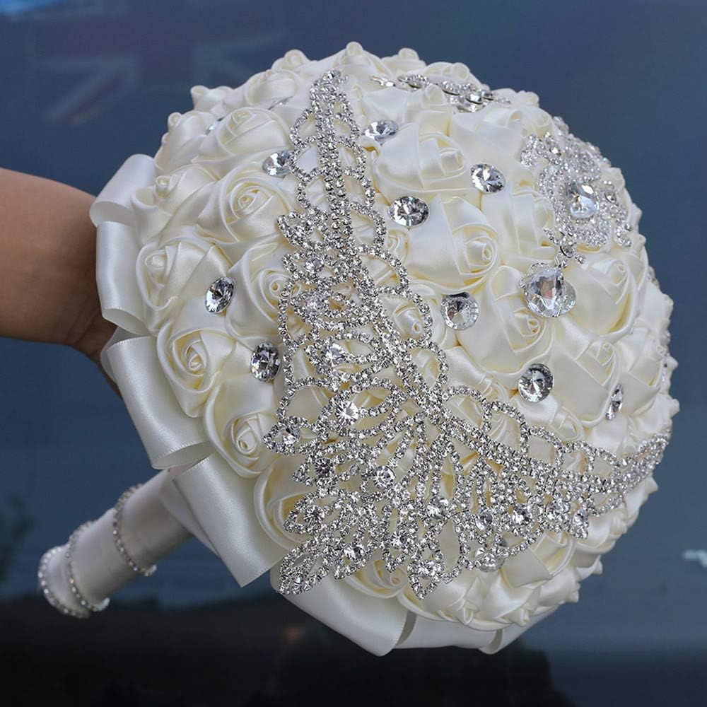 Handmade Luxury Wedding Bridal Bouquet Large Silk Rose Holding Toss Artificial Flowers Bouquets with Satin Ribbon Pearls Rhinestone for Bride Vintage Royal Wedding Bouquet Decor(Ivory)