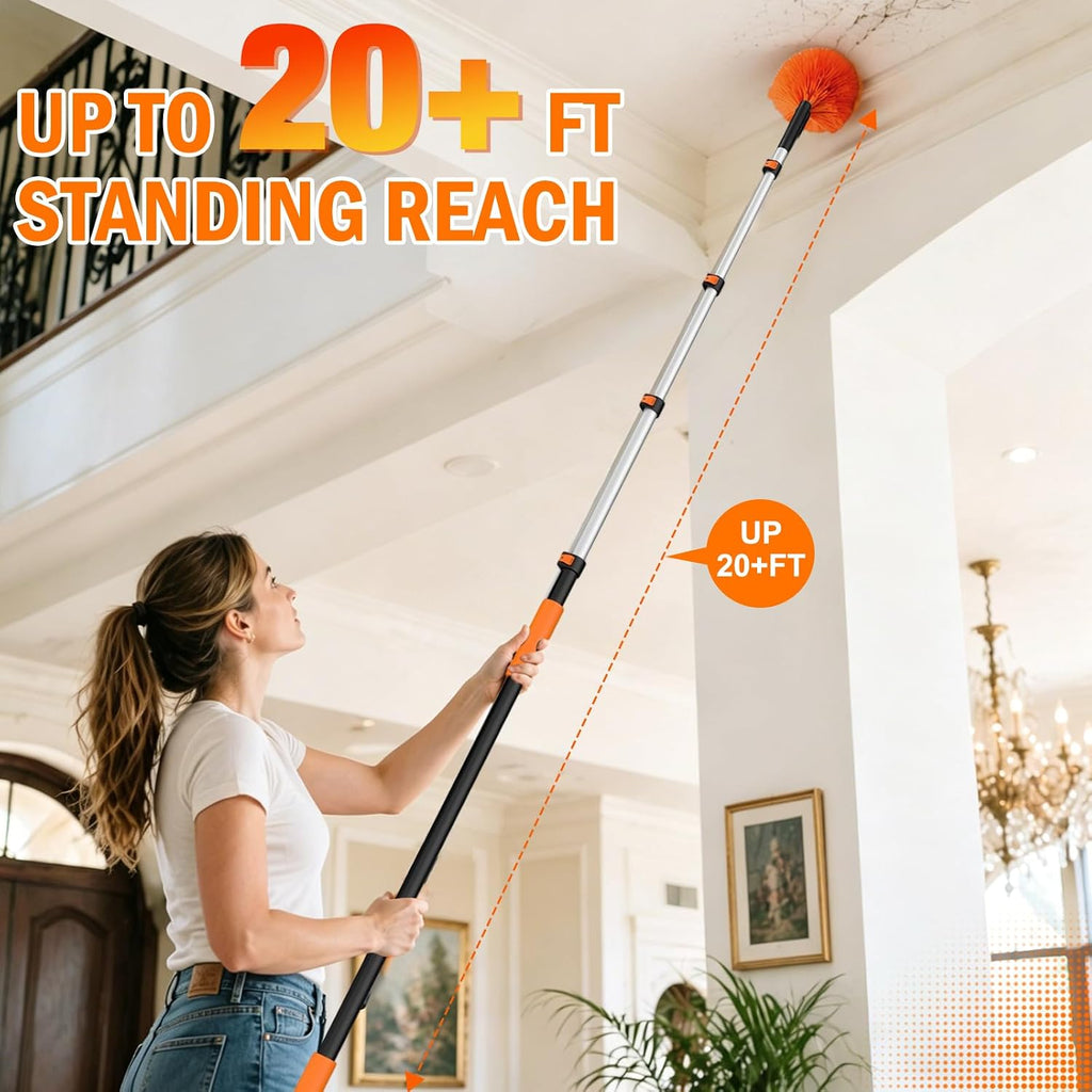 LAANPOLE 26FT High Reach Duster Cleaning Kit with Extension Pole, High Ceiling Fan Cleaner Duster Tool for Fan Blades, Window Washing Kit with Microfiber Feather Duster & Window Squeegee