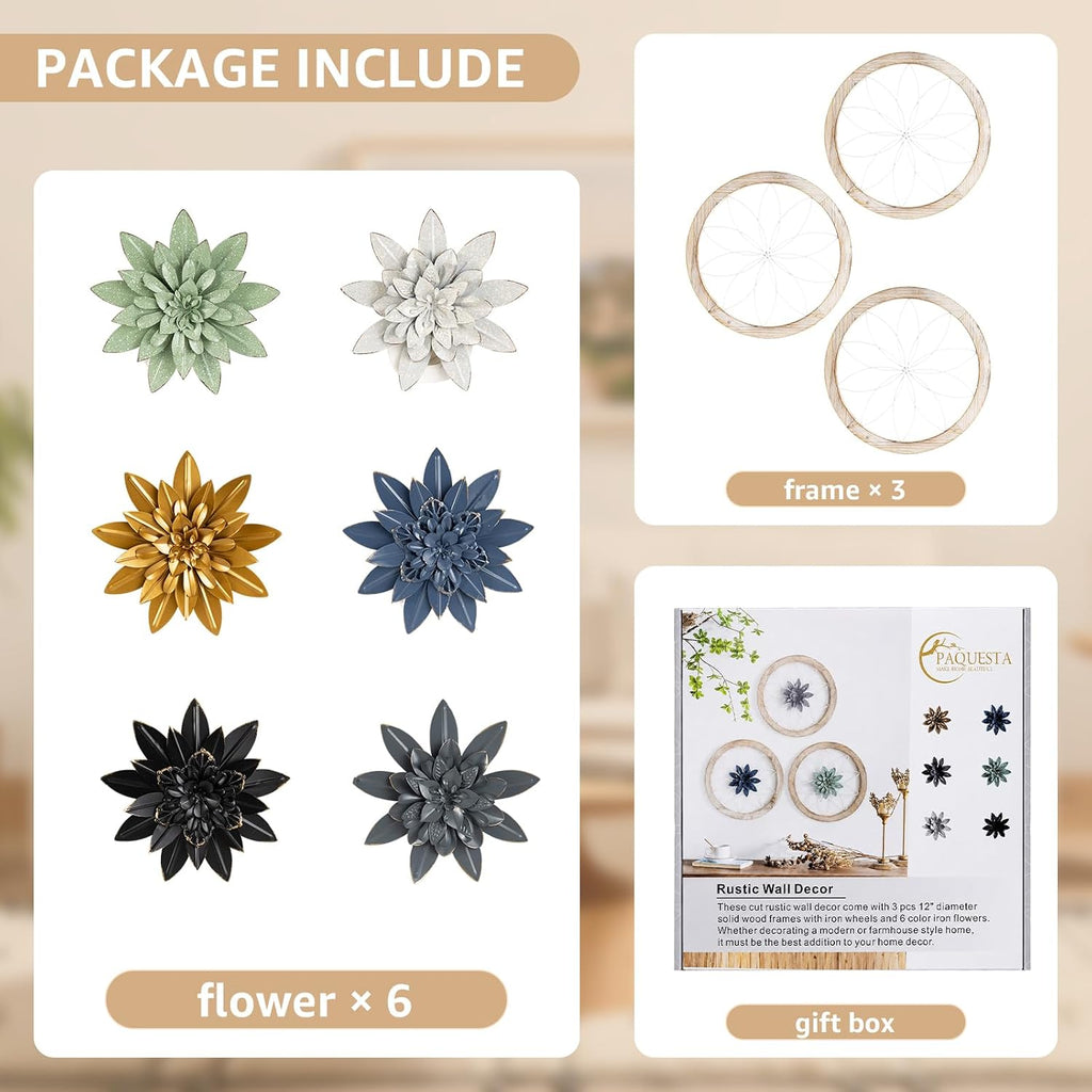 Paquesta 3 Piece Round Farmhouse Wall Decor with 6 Piece Interchangeable Flowers 15.75'' Medallion Wood & Metal Rustic Wall Art for Living Room Bedroom Kitchen Bathroom Dining Room Home Decorations (large white wheel)