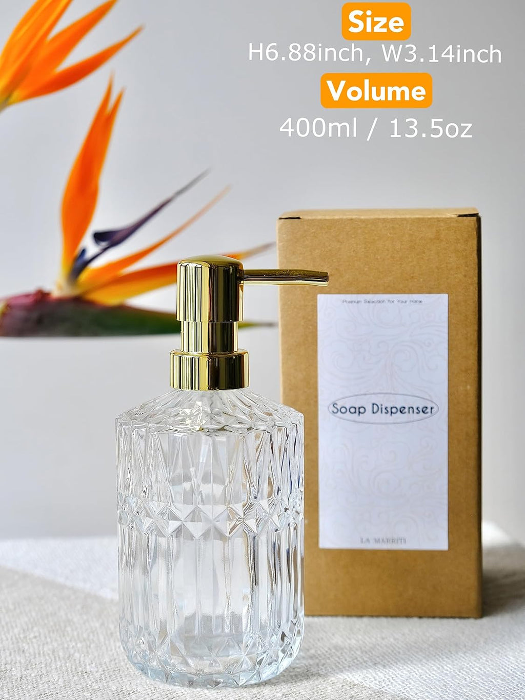 LaMarriti Glass Soap Dispenser with Rust Proof Pump, 13.5 Oz Clear Refillable Hand Lotion Dispenser for Bathroom Countertop and Kitchen, Crystal Vintage Bathroom Accessories, Bathroom Decor