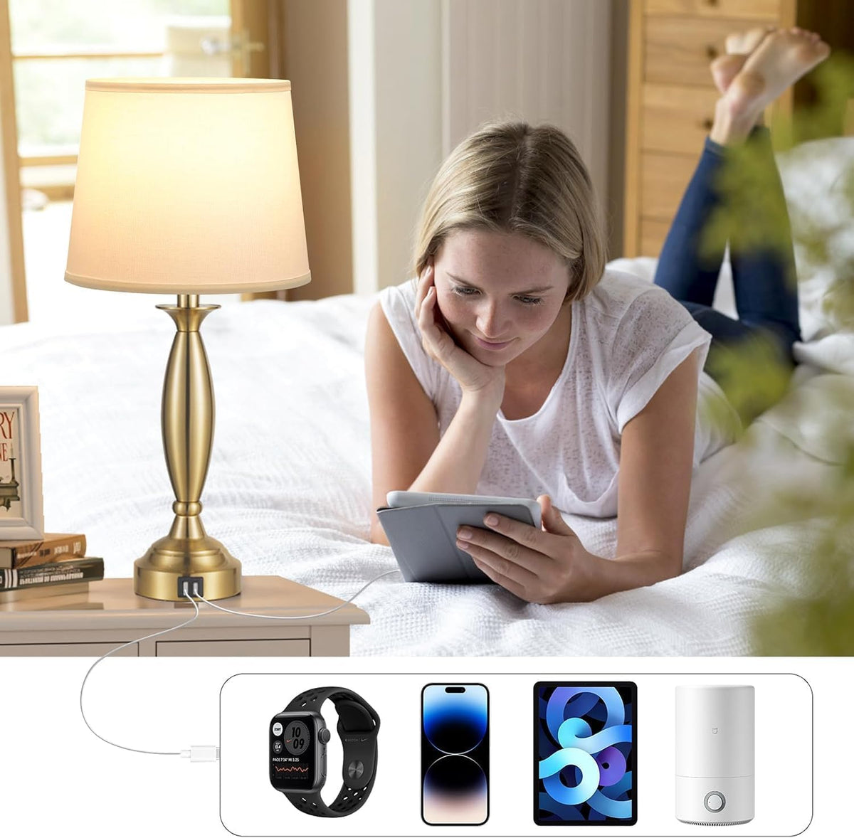 Bedroom Lamps for Nightstand, 3 Way Dimmable Gold Bedside Lamps with USB