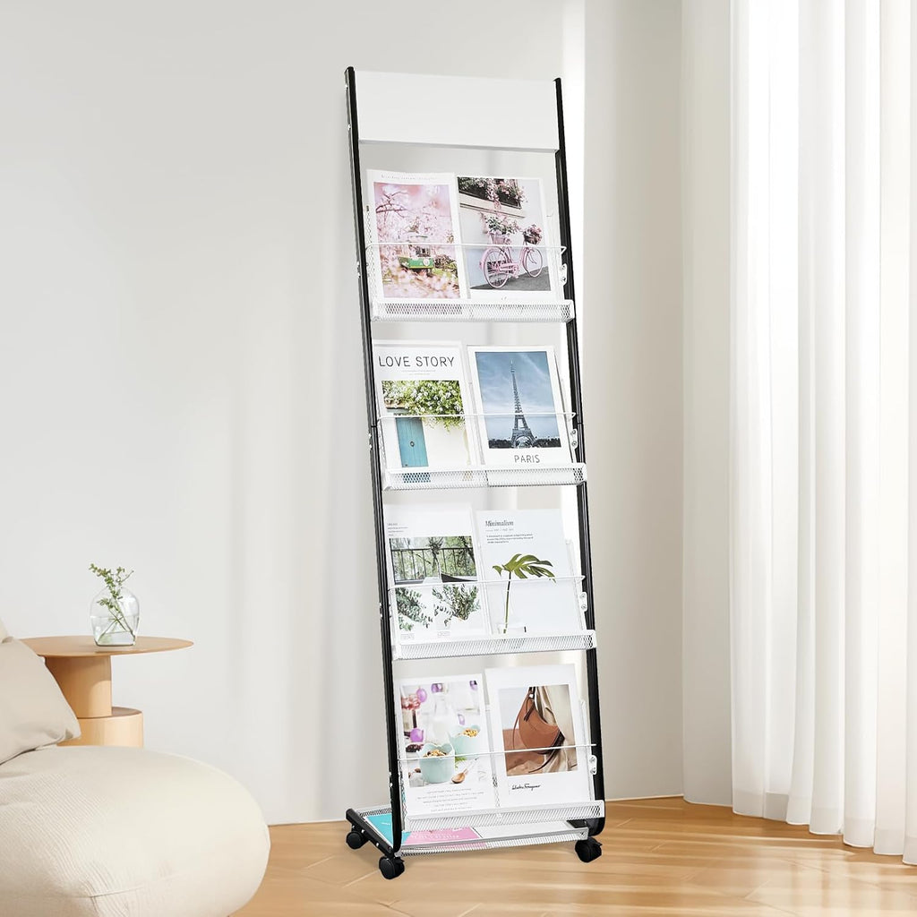 4-Tier Floor-Standing Magazine Rack with Wheels – Perfect Brochure Display Stand for Exhibitions, Offices, and Information Hubs (Black-White)