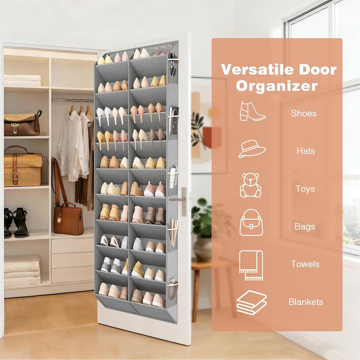 LANTEFUL Over the Door Shoe Organizer, Hanging Shoe Rack for Closet Door Shoe Storage for 30 Pairs Sneaker and Boots, Large Shoe Holder for Door with 10 Side Pockets, Space Saving, Grey