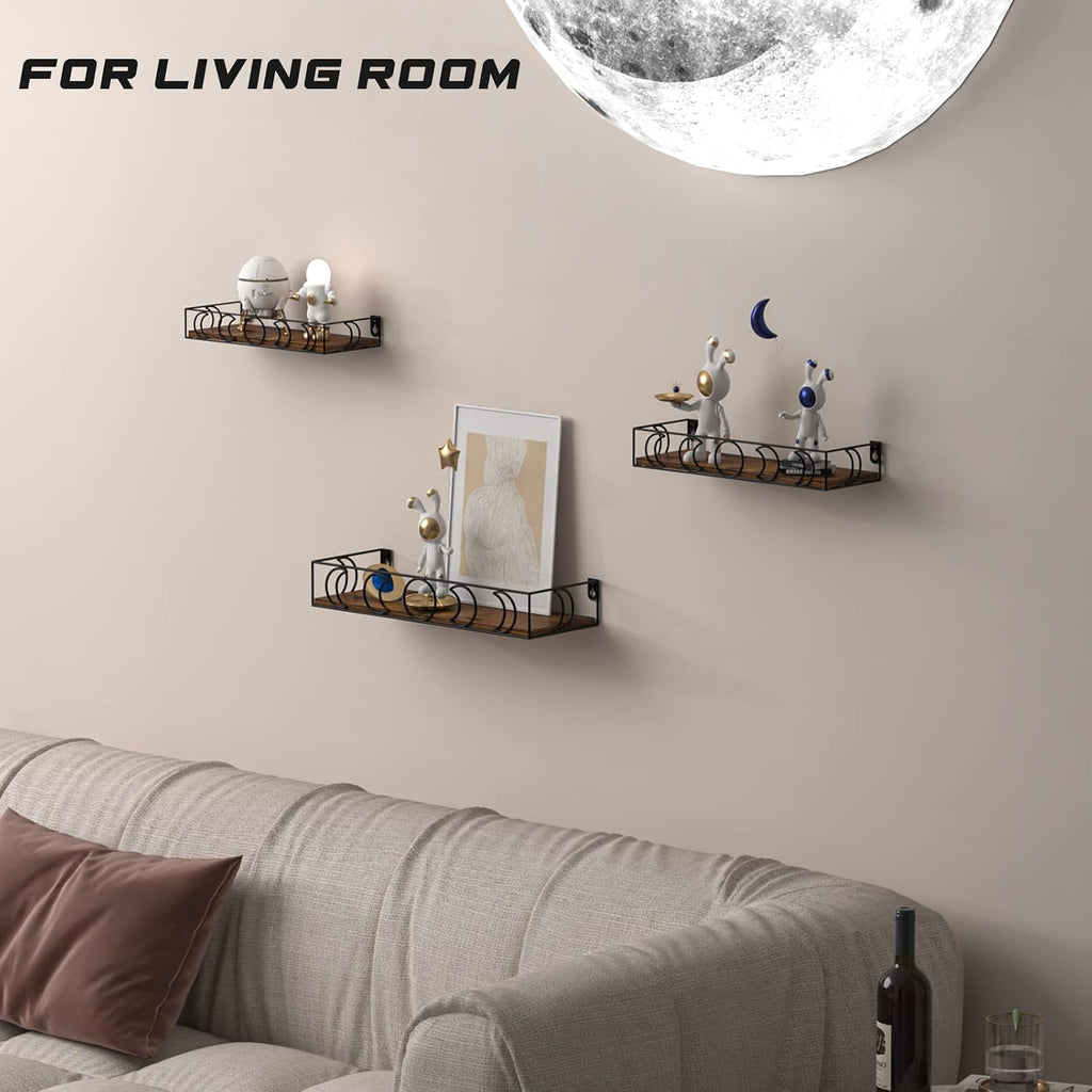 Moon Phase Wall Shelf, 3 Black Side Brown Base Floating Shelves
