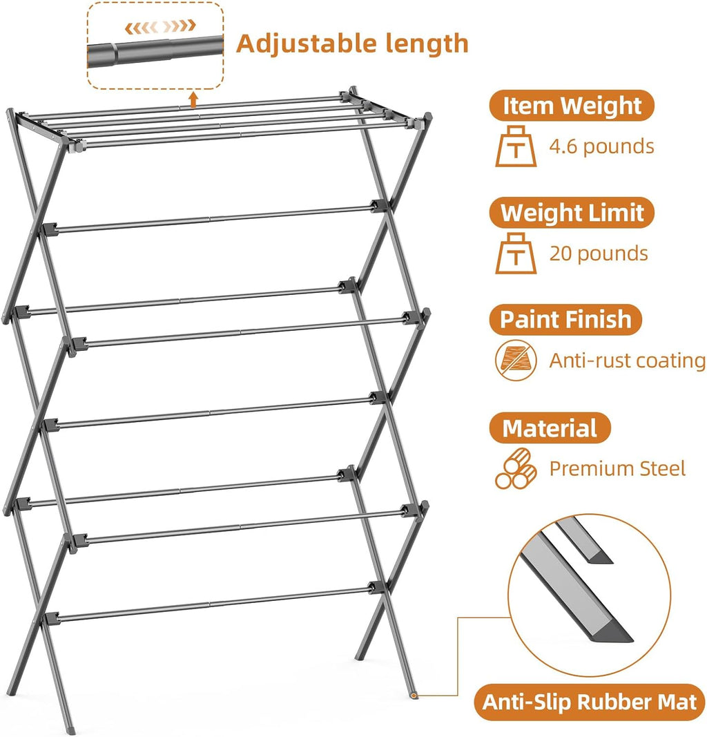 Clothes Drying Rack Foldable, Drying Rack Clothing Antirust Laundry Drying Rack Collapsible for Indoor Outdoor, 11.8" D x 34.5" W x 35.5" H, Grey
