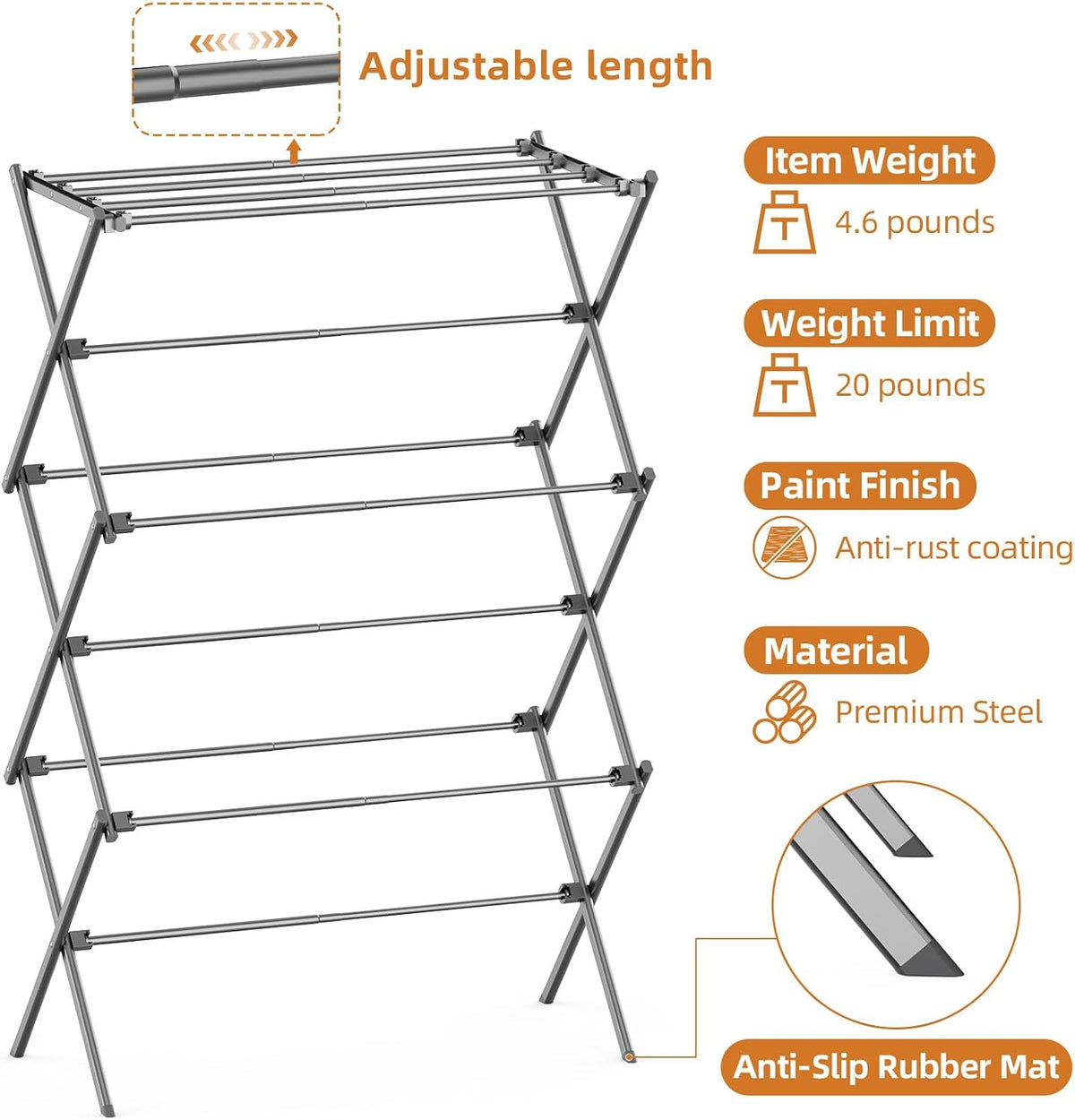Clothes Drying Rack Foldable, Drying Rack Clothing Antirust Laundry Drying Rack Collapsible for Indoor Outdoor, 11.8" D x 34.5" W x 35.5" H, Grey