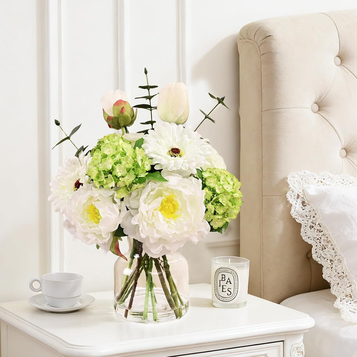 Livole Artificial Faux Flowers with Vase & Water Silk Fake Flowers, White