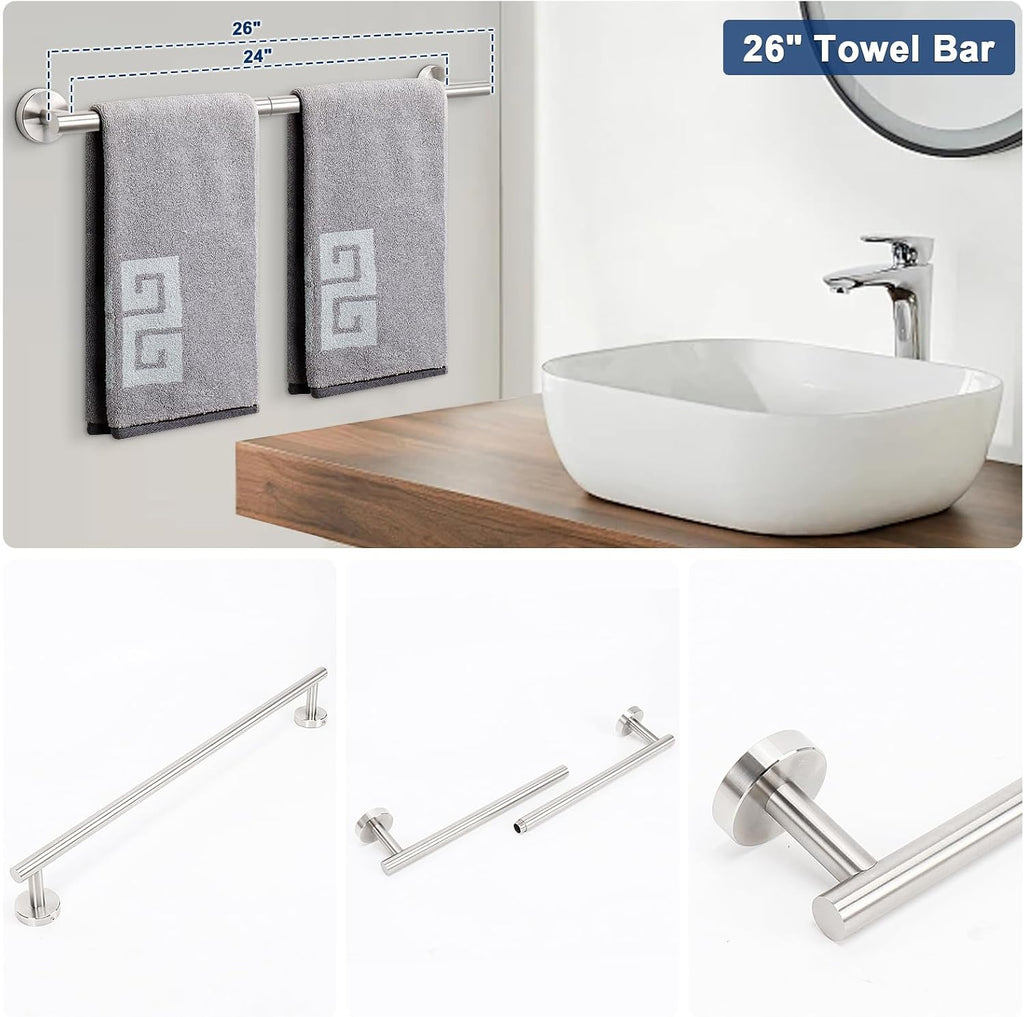 NearMoon 10 Pieces Bathroom Hardware Set SUS304 Thicken Stainless Steel-Towel Rack Kit Include 26" Towel Rod + Bath Towel Ring + Toilet Paper Holder + Robe Towel Hooks Bath Accessories (Nickel)