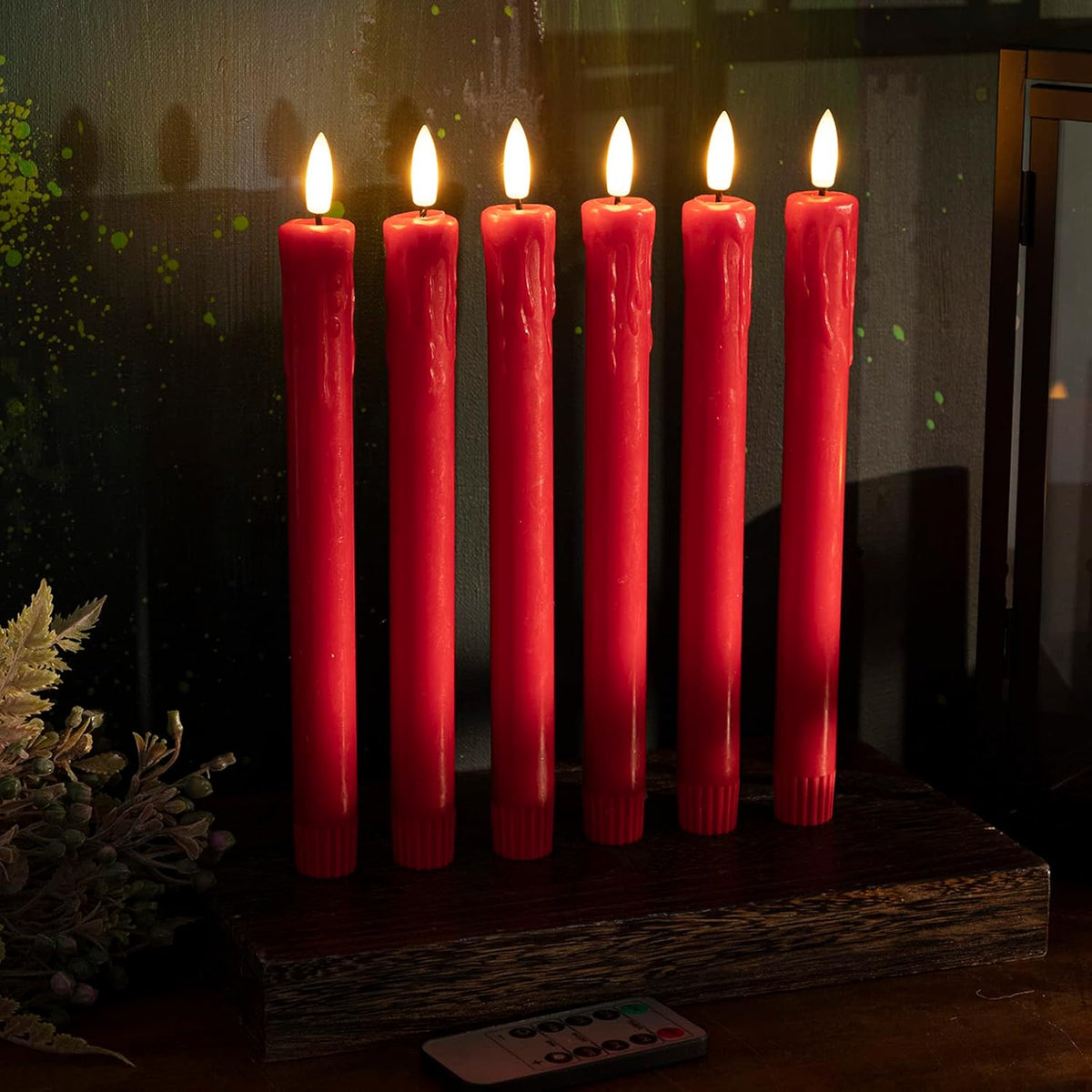 JOIONE Red Flameless Taper Candles with Remote, 6 Pack Dripping Wax