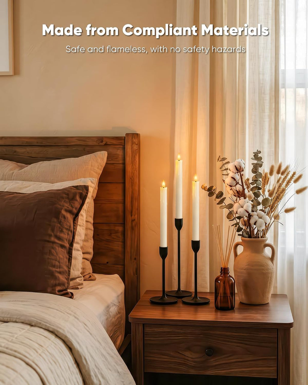 9.6 Inches Waxy Flameless Taper Candles, Dripless Fake Candlesticks with Timer, White LED Candle with 3D Flickering Flame for Christmas Kitchen Fireplace Table Home Decor, 3 PCS