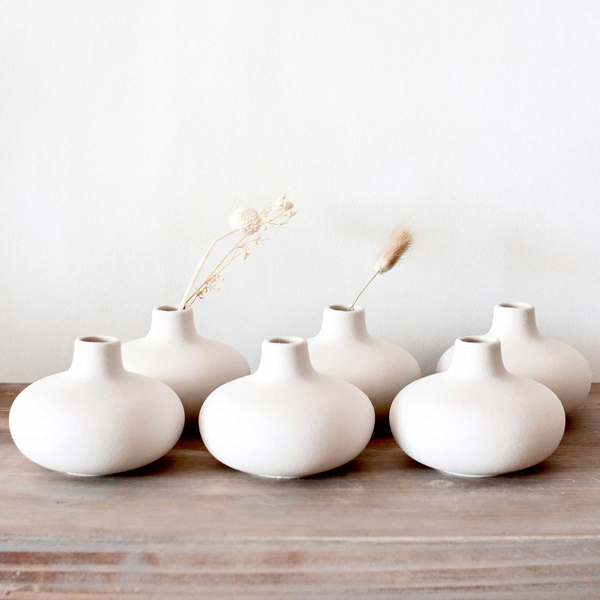 Carrot's Den Small White Ceramic Bud Vase Set of 6, Nordic Minimalist