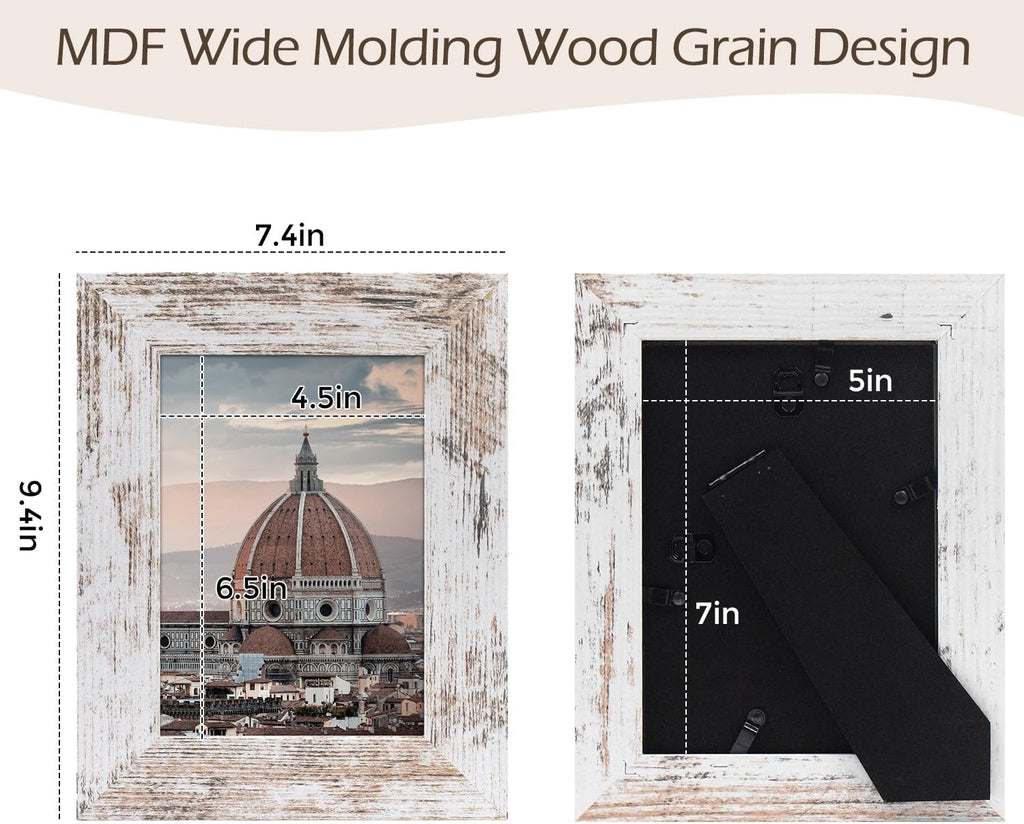 4 Pack 5x7 Picture Frames, Rustic White, Real Glass, Wall&Tabletop Display