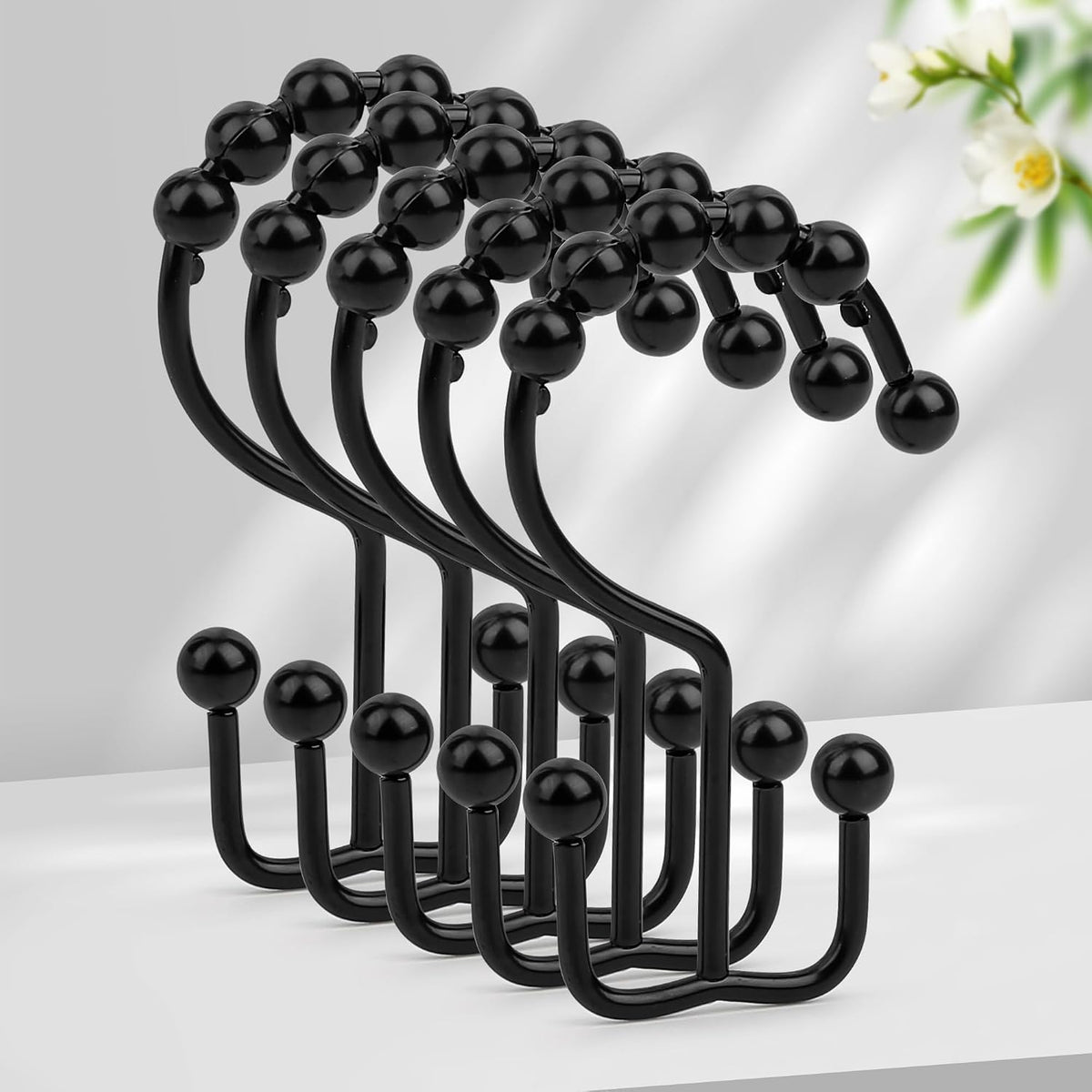 Resze 12 Pcs Shower Curtain Hooks, Metal Double Shower Curtain Rings,Black