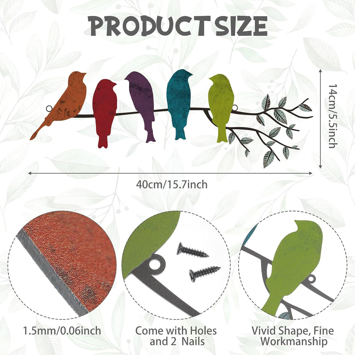 Ferraycle Metal Bird Wall Art, Birds on Branch Sculpture, Fresh Colors