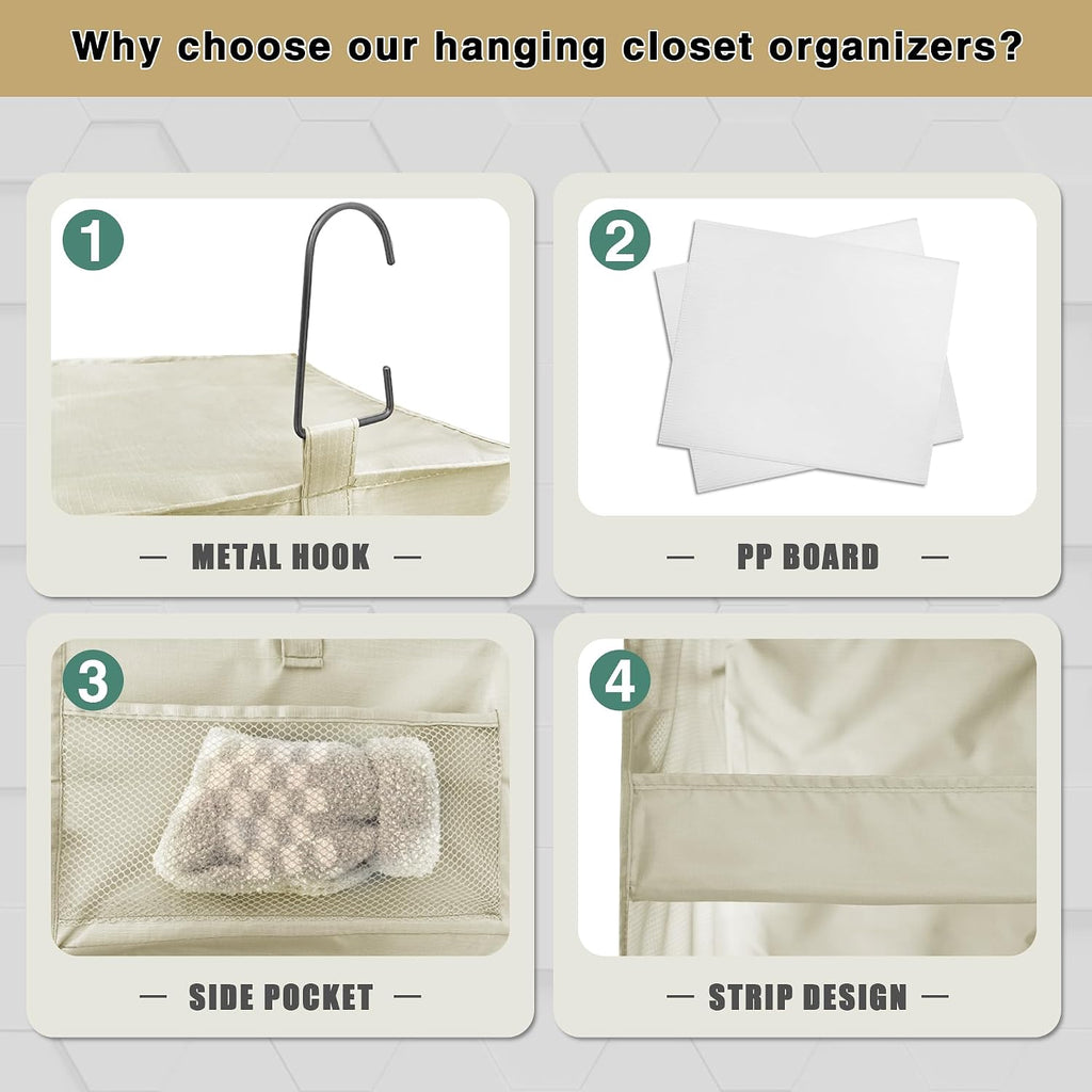 3-Shelf Hanging Closet Organizer, Washable Foldable Storage Shelves, Beige