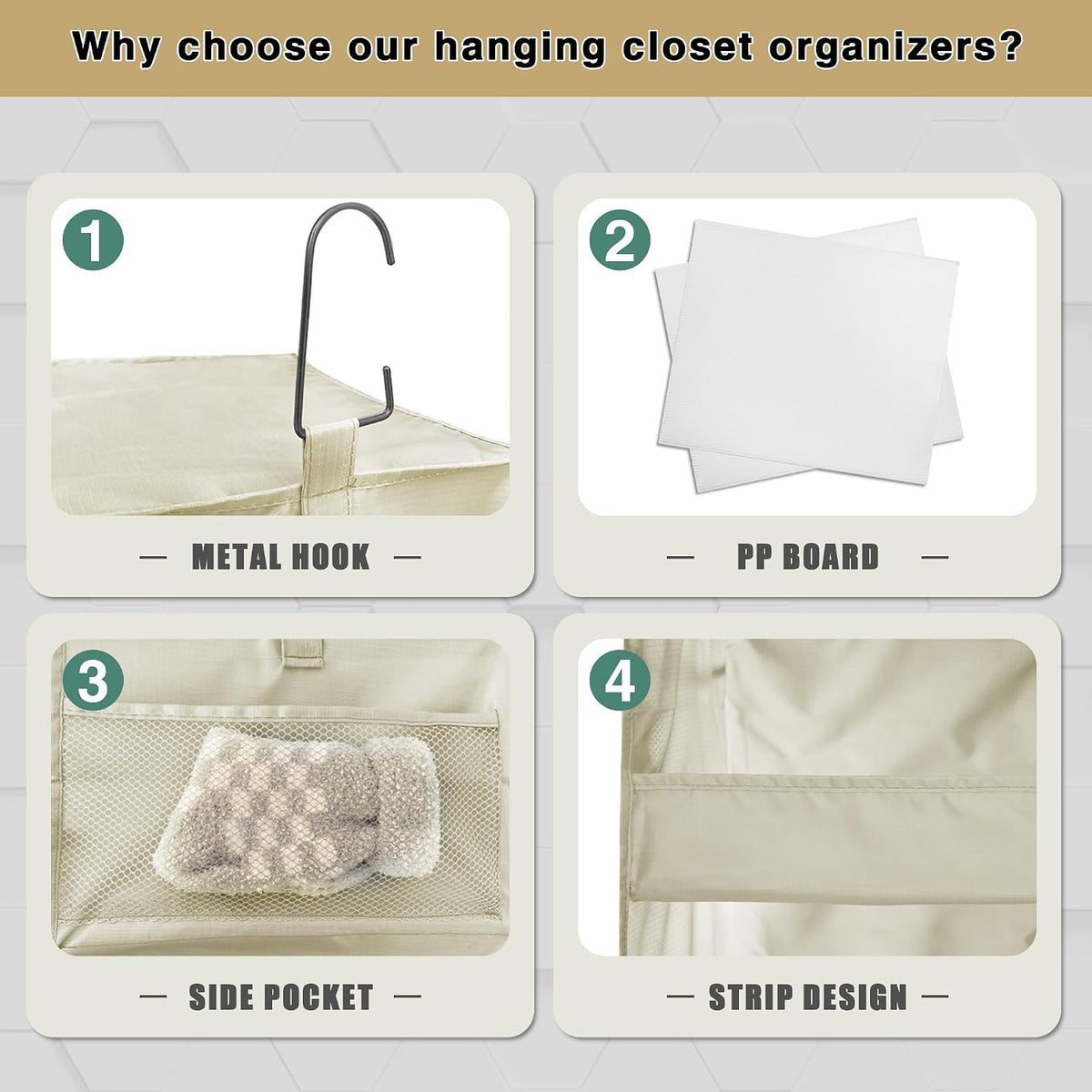 3-Shelf Hanging Closet Organizer, Washable Foldable Storage Shelves, Beige