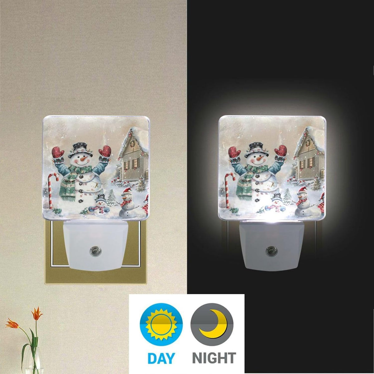 Vdsrup Winter Snowman Night Light Set of 2 Snowflake Plug-in LED Nightlights Auto Dusk-to-Dawn Sensor Lamp for Adults in Bedroom Bathroom Kitchen Hallway Stairs