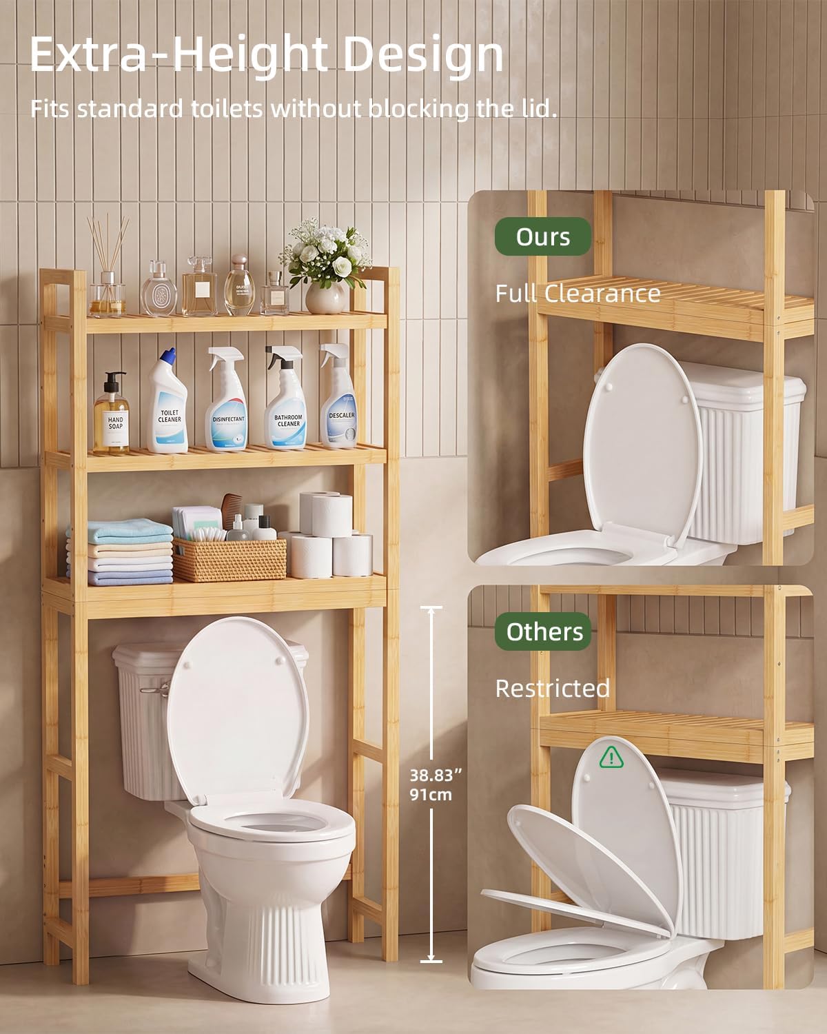 SMIBUY Bathroom Storage Shelf, Bamboo Over-The-Toilet Organizer Rack, Freestanding Toilet Space Saver with 3-Tier Adjustable Shelves (Natural)
