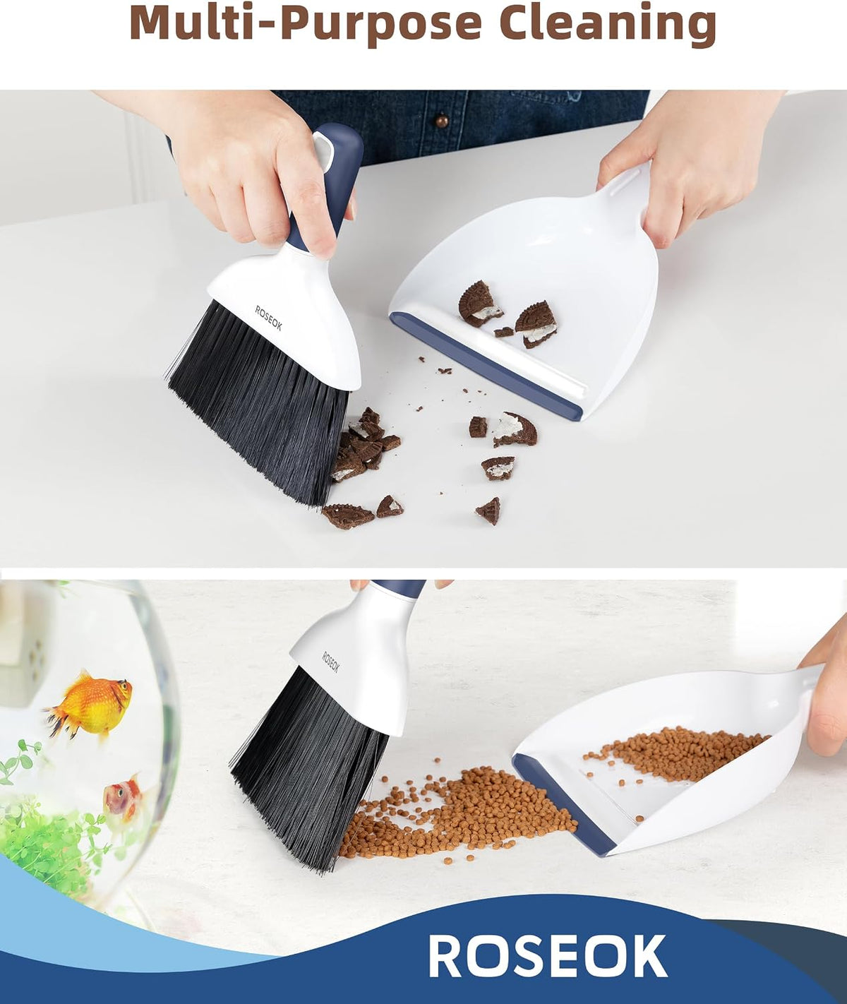 ROSEOK Mini Dustpan and Brush Set, Small Broom and Dust Pan, Navy Blue