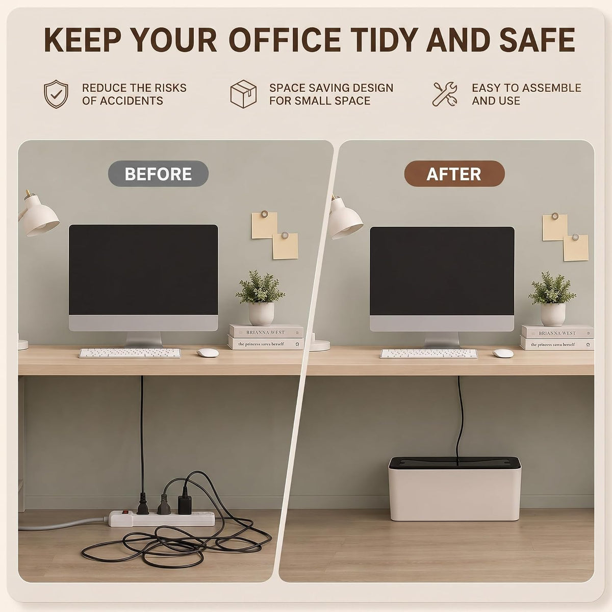 Cable Management Box, Dust-Proof & Heat Dissipation Cord Organizer, Hide Power Strips and Messy Wires, 11.8" (L) x 4.3" (W) x 4.5" (H), Home Office Desk Accessories, Includes 3 Stickers & Straps