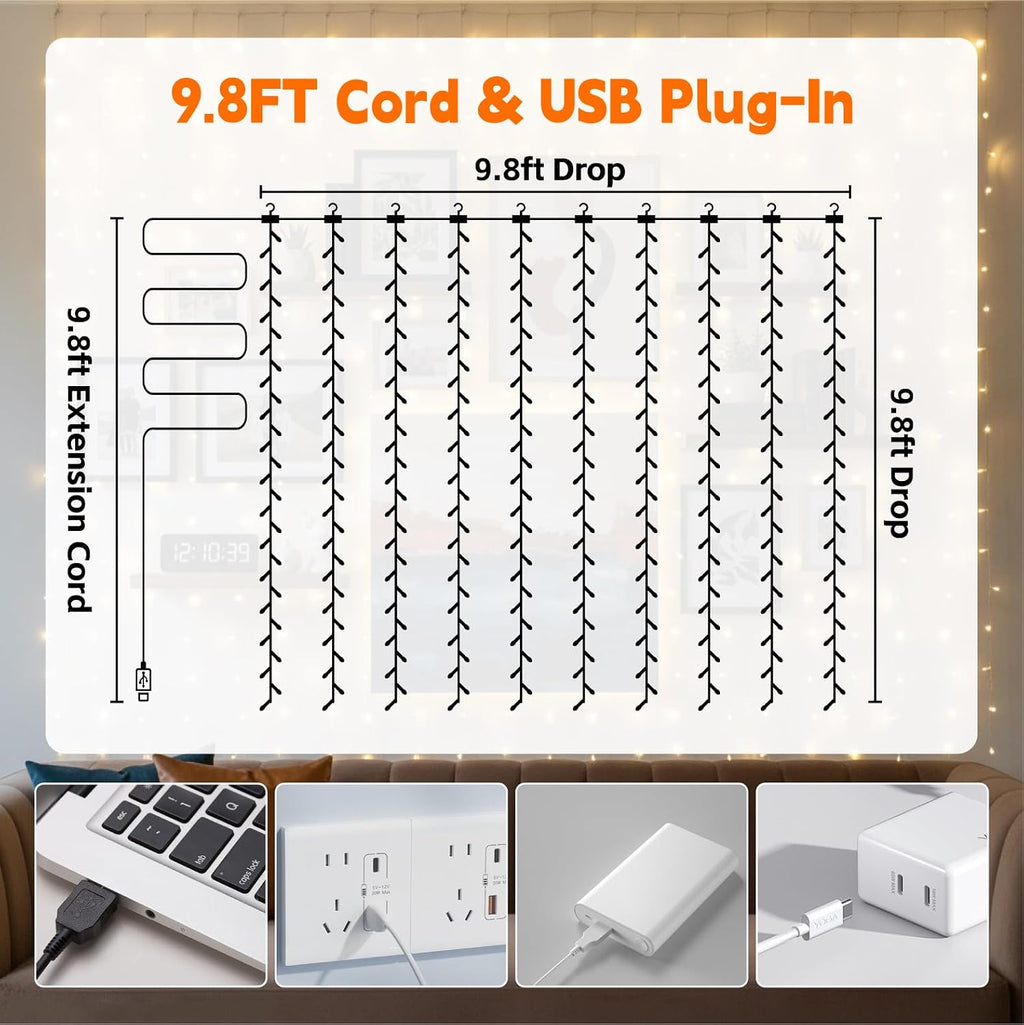 Curtain String Light, 300LED 9.8x9.8ft, Remote & 8 Modes, USB