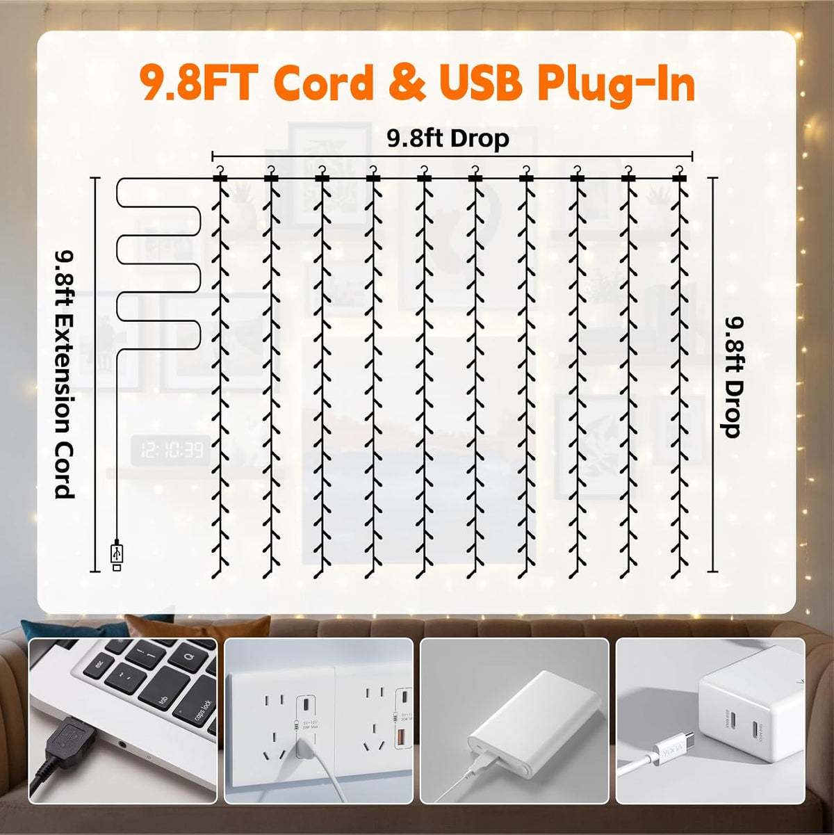 Curtain String Light, 300LED 9.8x9.8ft, Remote & 8 Modes, USB