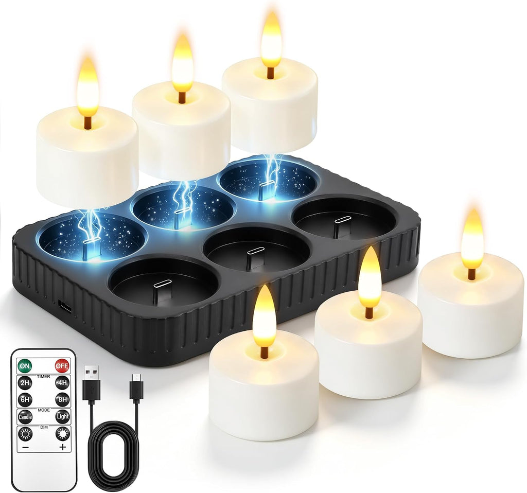 Rechargeable Flameless Candles with Remote Timer & Charging Base (6 Pack)