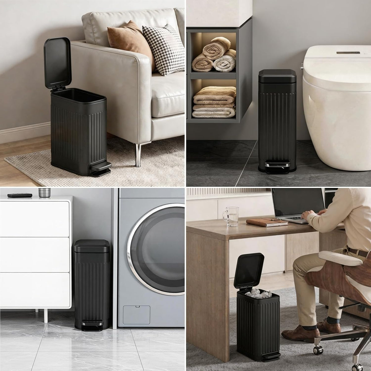 Slim Bathroom Trash Can with Lid, 2 Gallon, Stainless Steel, Fluted