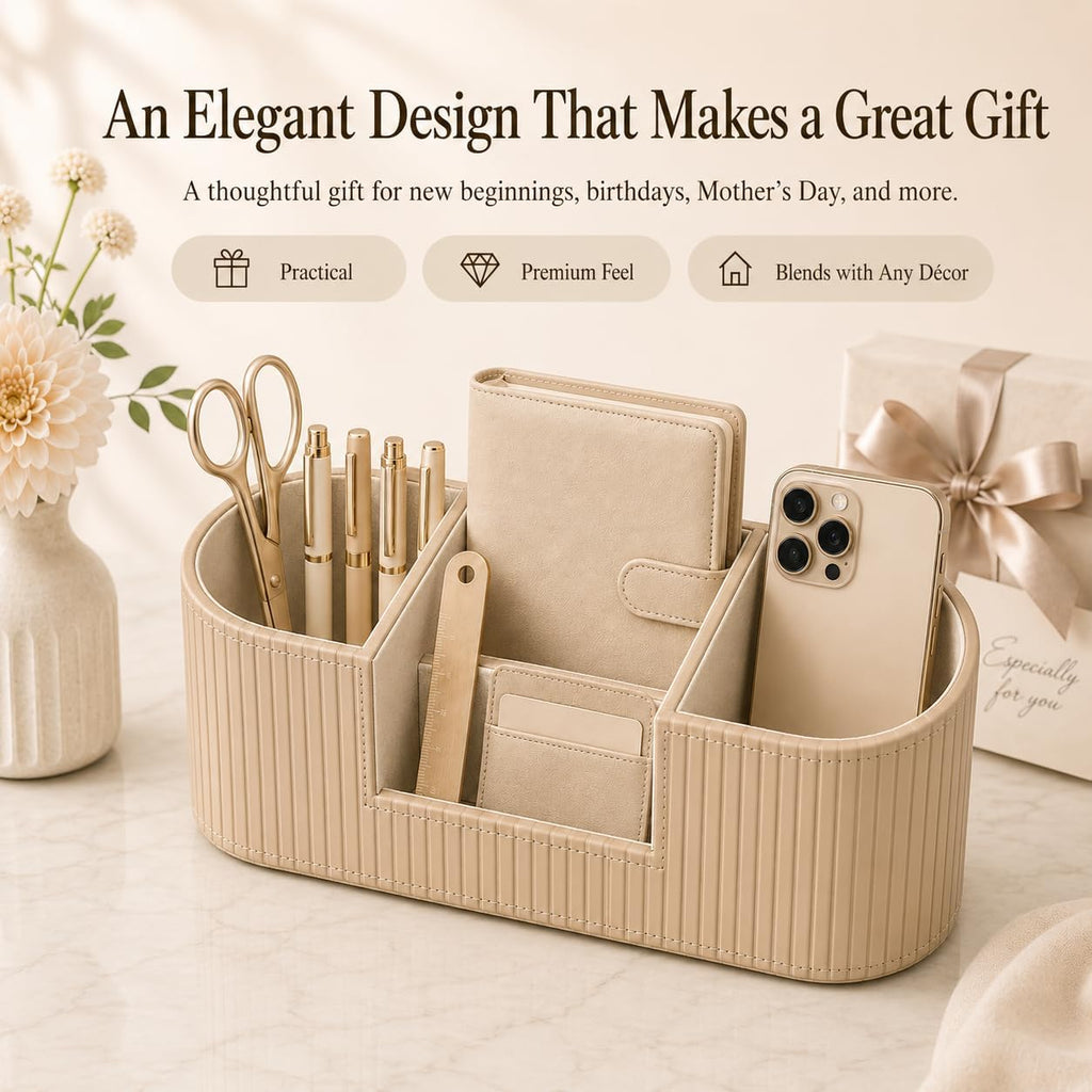 KINGFOM Aesthetic Desk Organizer for Women, Luxury Faux Leather Desk Accessories with 4 Compartments, Minimalist Vanity Organizer for Makeup Brushes, Beige Office Decor for Home, Bedroom & Workspace