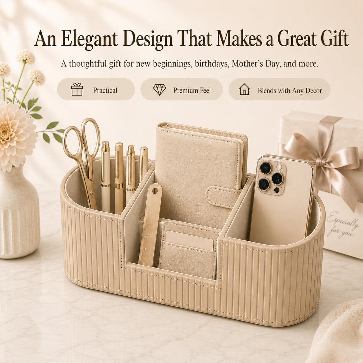 KINGFOM Aesthetic Desk Organizer for Women, Luxury Faux Leather Desk Accessories with 4 Compartments, Minimalist Vanity Organizer for Makeup Brushes, Beige Office Decor for Home, Bedroom & Workspace