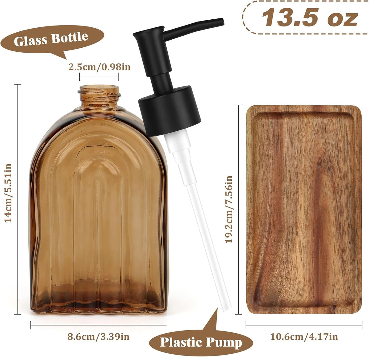 Glass Soap Dispenser Set with Wooden Tray, 13.5Oz Refillable Liquid Modern Soap Dispenser with Plastic Pump for Hand and Dish Set for Bathroom Countertop Decor (Dark Brown)