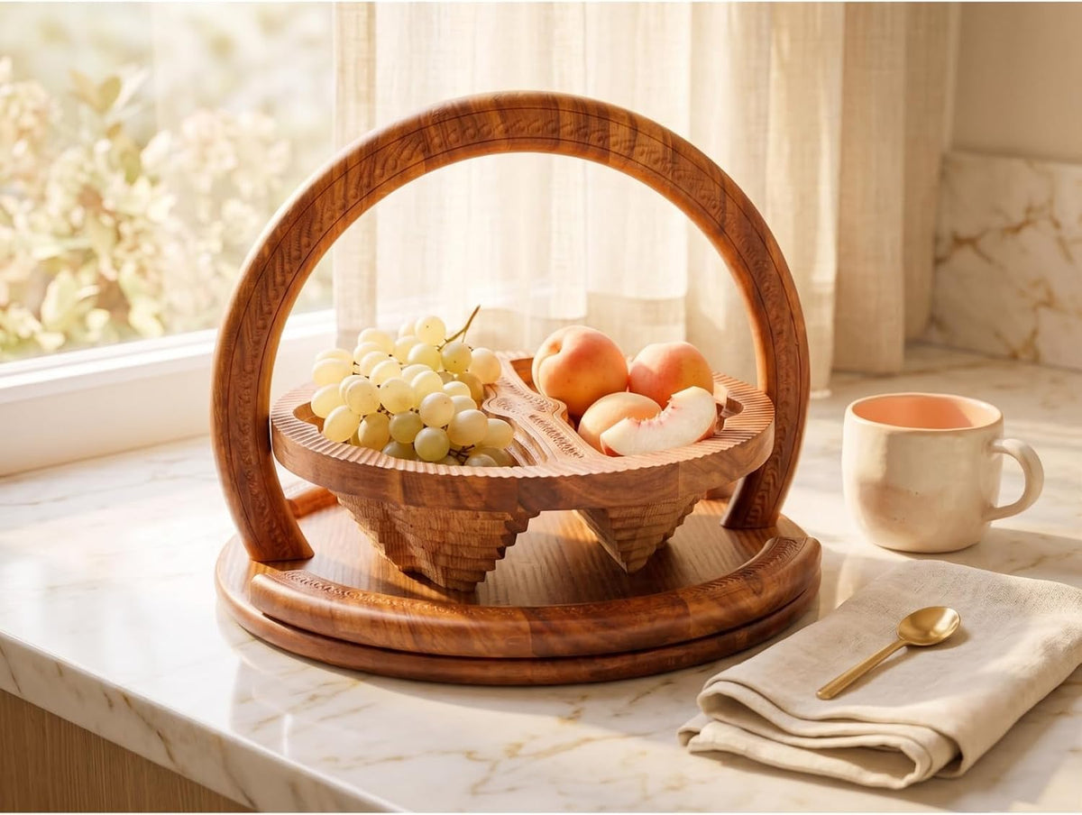 Best Holiday Gift Idea Wooden Collapsible Fruit Basket 2-Section Serving Bowl for Nuts, Snacks & Candy Essential Workers | Thanksgiving Gift | Diameter: 12" (2Celebration_Duo)