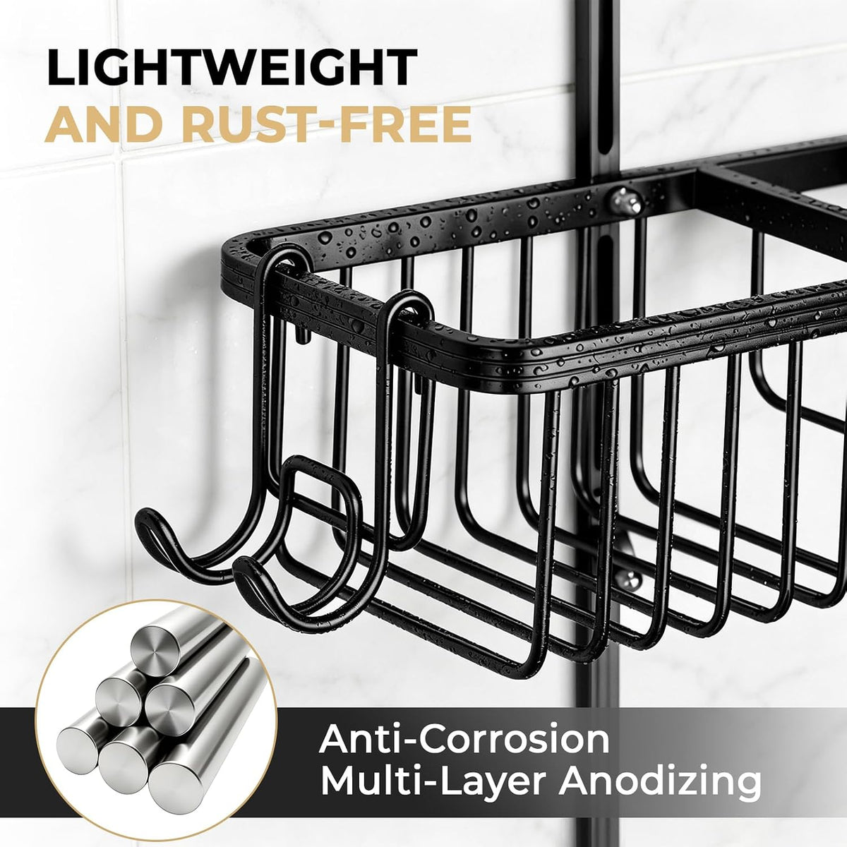 Adjustable Hanging Shower Caddy for Handheld Showerhead, Rustproof Aluminum Over Shower Head Organizer, Renter-Friendly No-Swing Storage for Tall Bottles & Soap, 2-Tier, Black