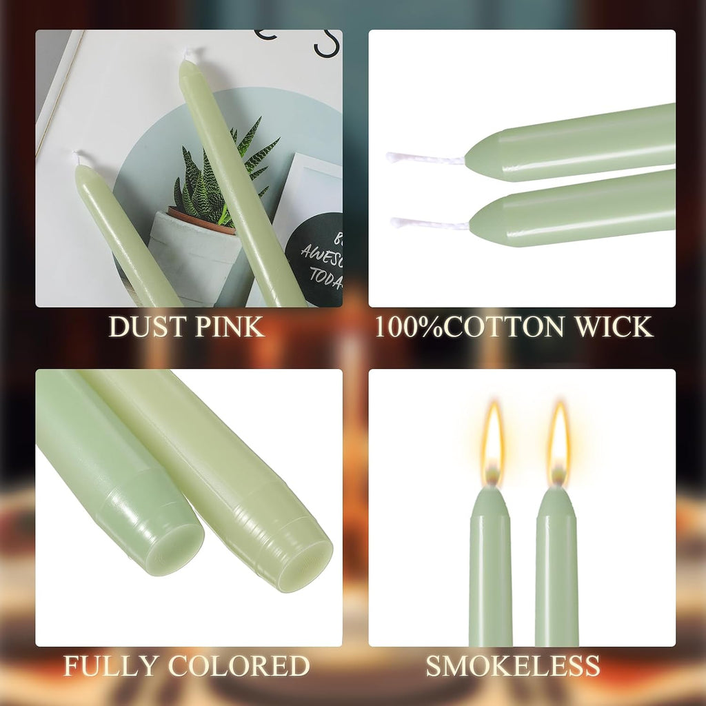 MTLEE 16 Pcs 10 Inch Taper Candle Sticks Smokeless Unscented, Pea Green