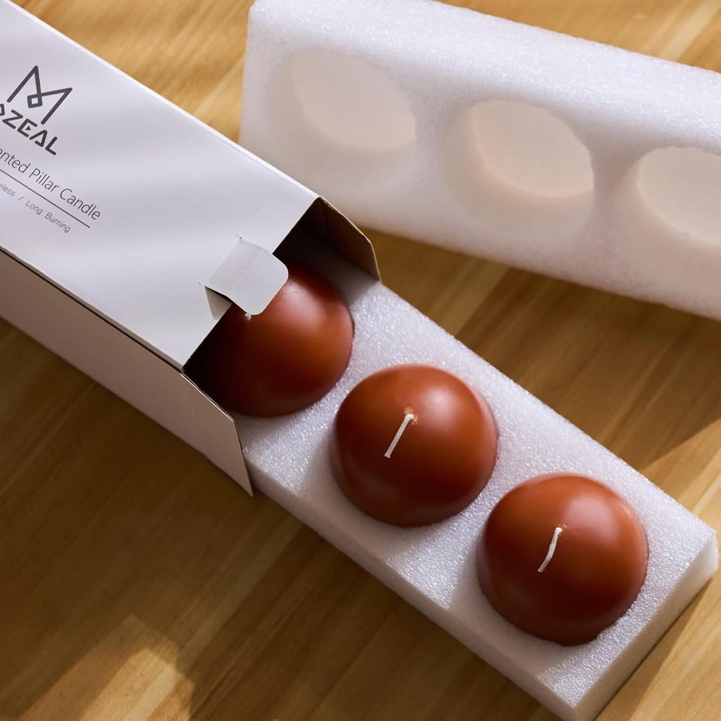 MOZEAL Hand-Poured, 3 Inch Burnt Orange Round Ball Candles - Elegant Burnt Orange Round Pillar Candles Set of 3, Dripless, Unscented, Smokeless, Ideal for Autumn Gatherings.