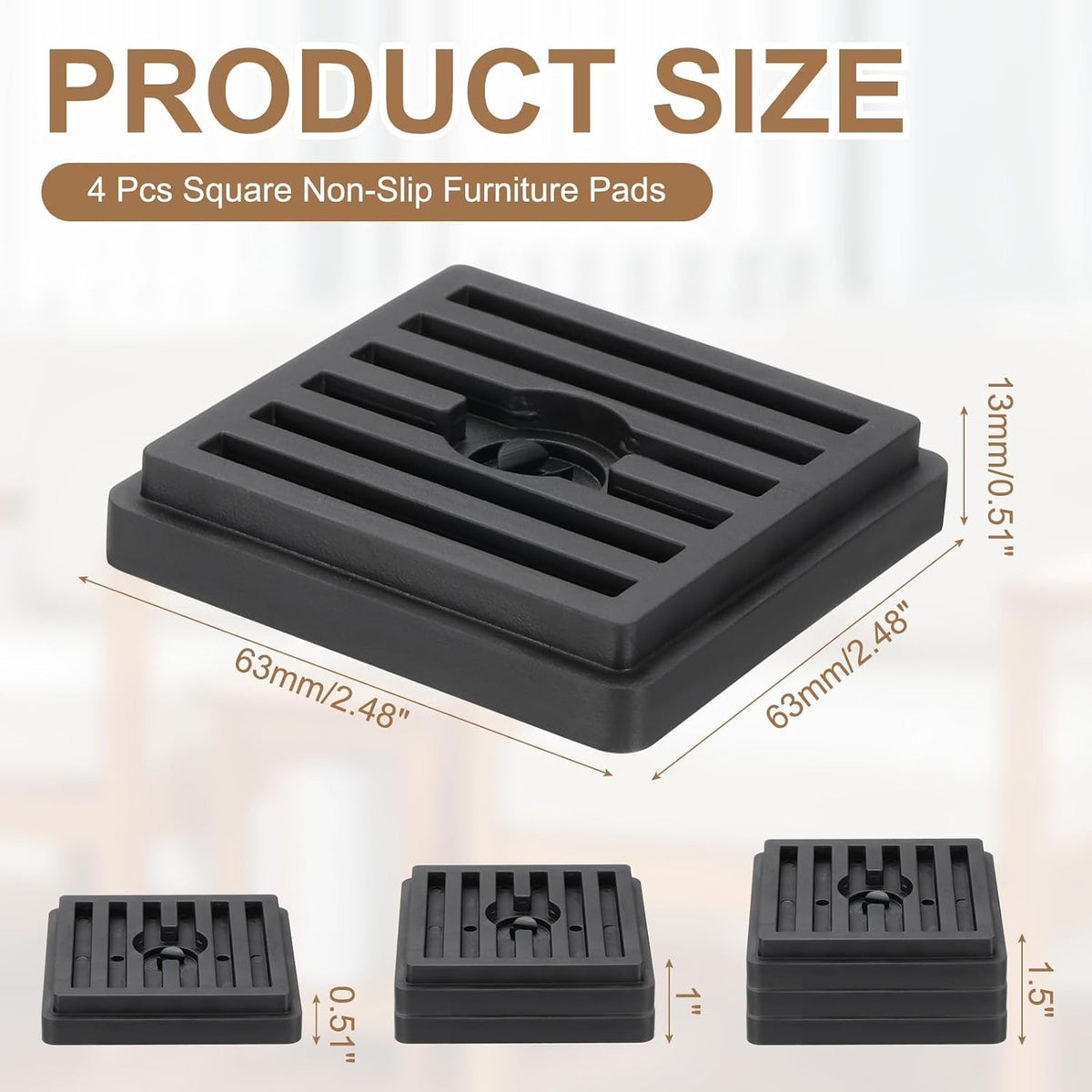 uxcell 4Pcs Bed Risers, Square Heavy Duty Stackable Lift Block to 0.5 Inch Plastic Furniture Risers for Desk, Chair, Table, Sofa Leg, Washing Machine, Refrigerator, Black