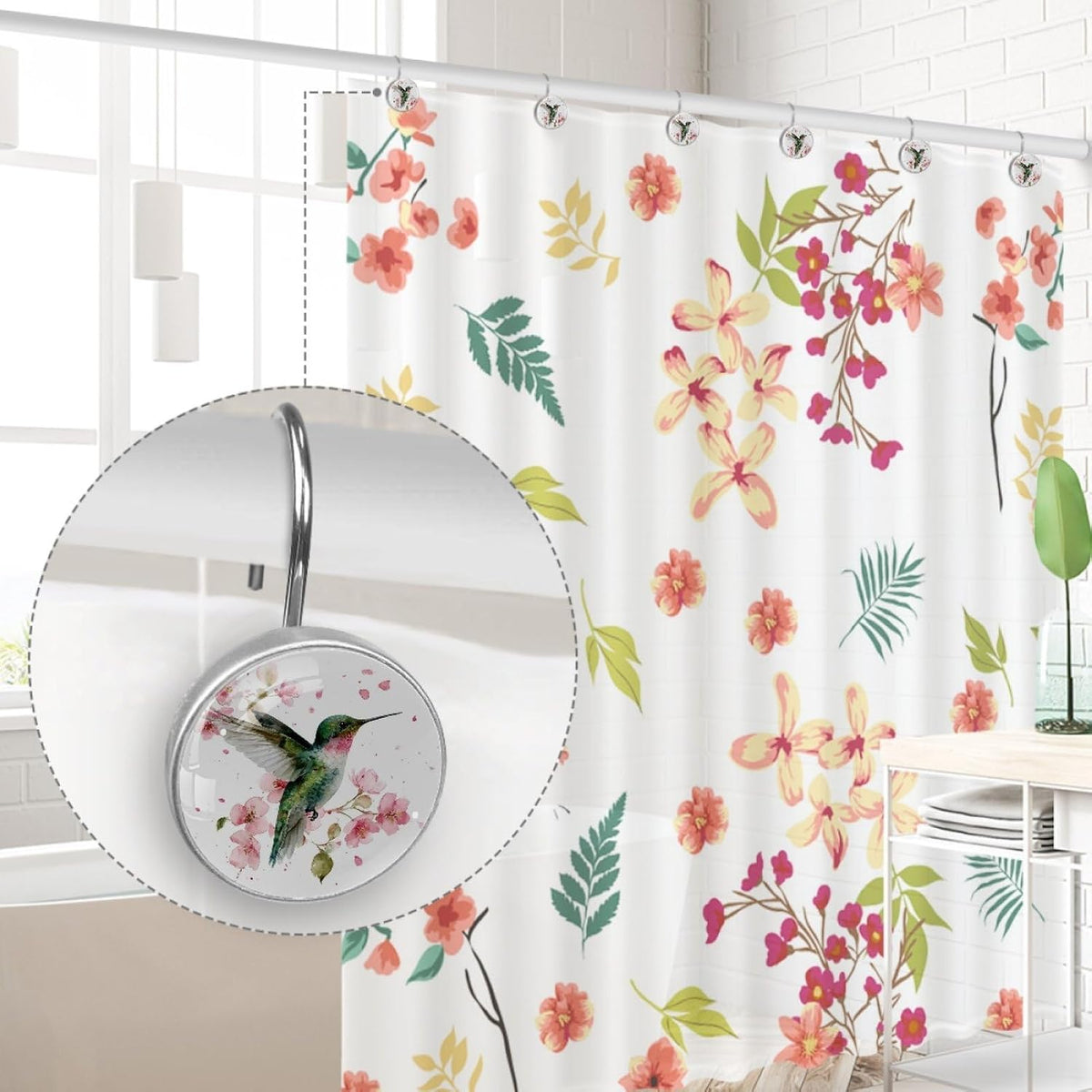 Hummingbird Round Shower Curtain Hooks Set of 12 Stainless Steel Decorative Hanger Rings for Bathroom Kitchen Bedroom Curtain Rods