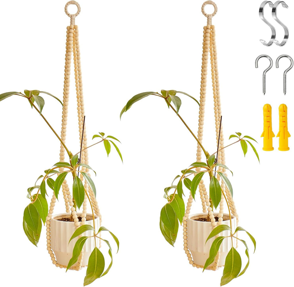 Boho Wood Bead Macrame Plant Hangers, 2Pack Handmade Beaded Hanging Planter Holders for Indoor with 4 Hooks, Fits 4–8 Inch Pots, Hanging Basket for Living Room Bedroom Patio Balcony Home Decor