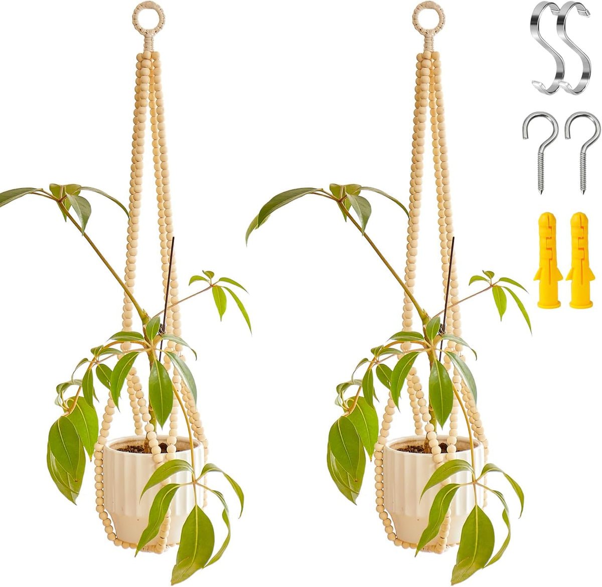 Boho Wood Bead Macrame Plant Hangers, 2Pack Handmade Beaded Hanging Planter Holders for Indoor with 4 Hooks, Fits 4–8 Inch Pots, Hanging Basket for Living Room Bedroom Patio Balcony Home Decor