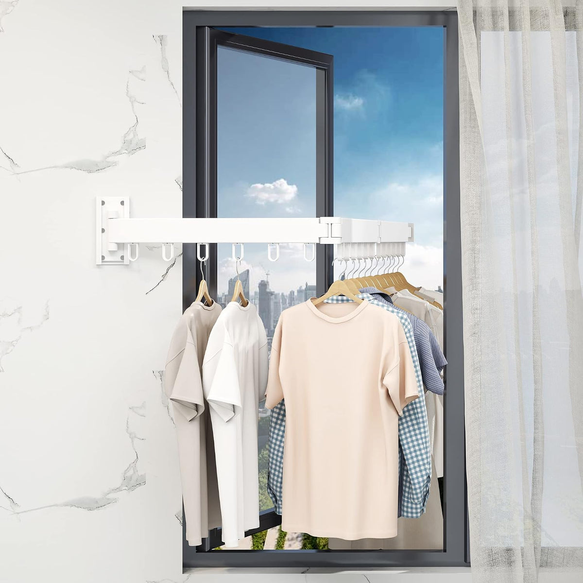 HEILAIYI Clothes Drying Rack,Laundry Drying Rack,Wall Mounted Clothes Rack,Laundry Rack Wall Mount,Folding Retractable Collapsible Drying Rack Clothing (Three-Poles,Loop Hooks,White)