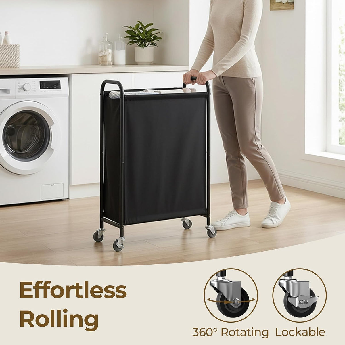 GRANNY SAYS Laundry Hamper, Slim Basket with Wheels and Handles, Black, 80L