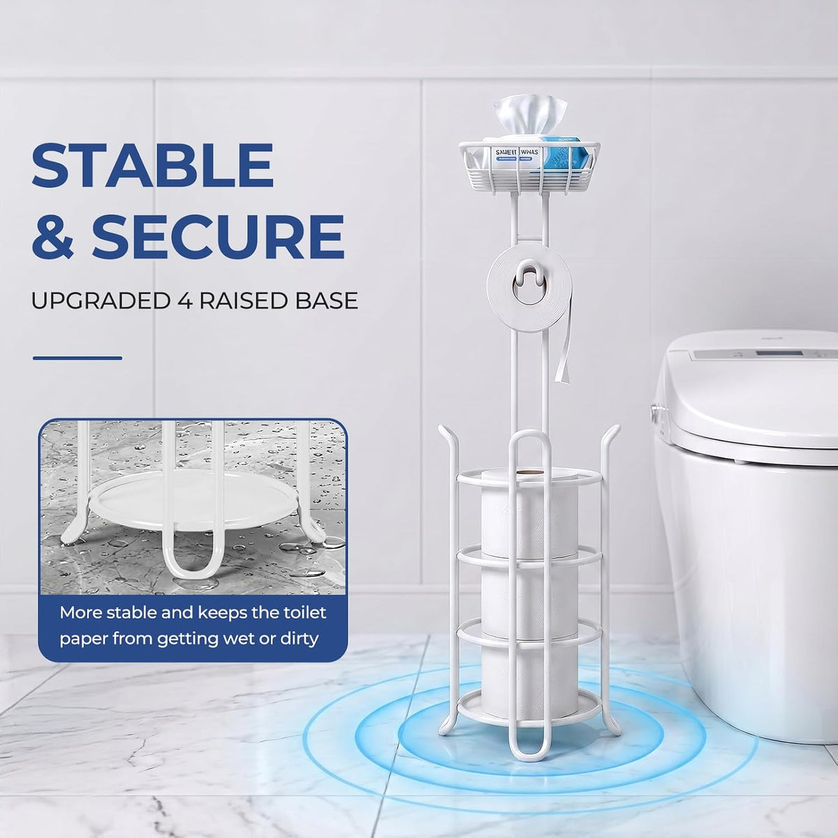 [Upgrade] Toilet Paper Holder Stand Nautical Bathroom Tissue Holders Free Standing with Top Shelf Storage Mega Rolls/Phone/Wipe-Ivory White